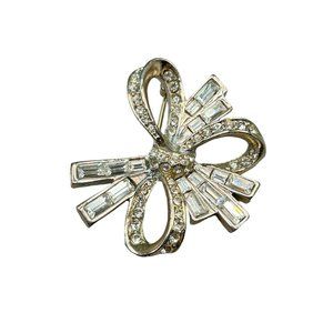 Vintage Carolee Bow Pin Brooch Silver Tone & Rhinestones Shiny Ribbon Pin Signed